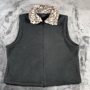 Effeci Woman Fleece Vest Dark Gray Faux Fur Leopard Collar Zip Up Plus Size 3X